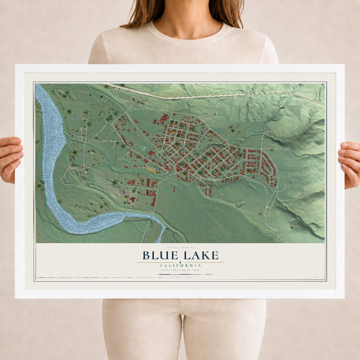 Map of Blue Lake, California, 18 x 24 inch print in a white wood frame