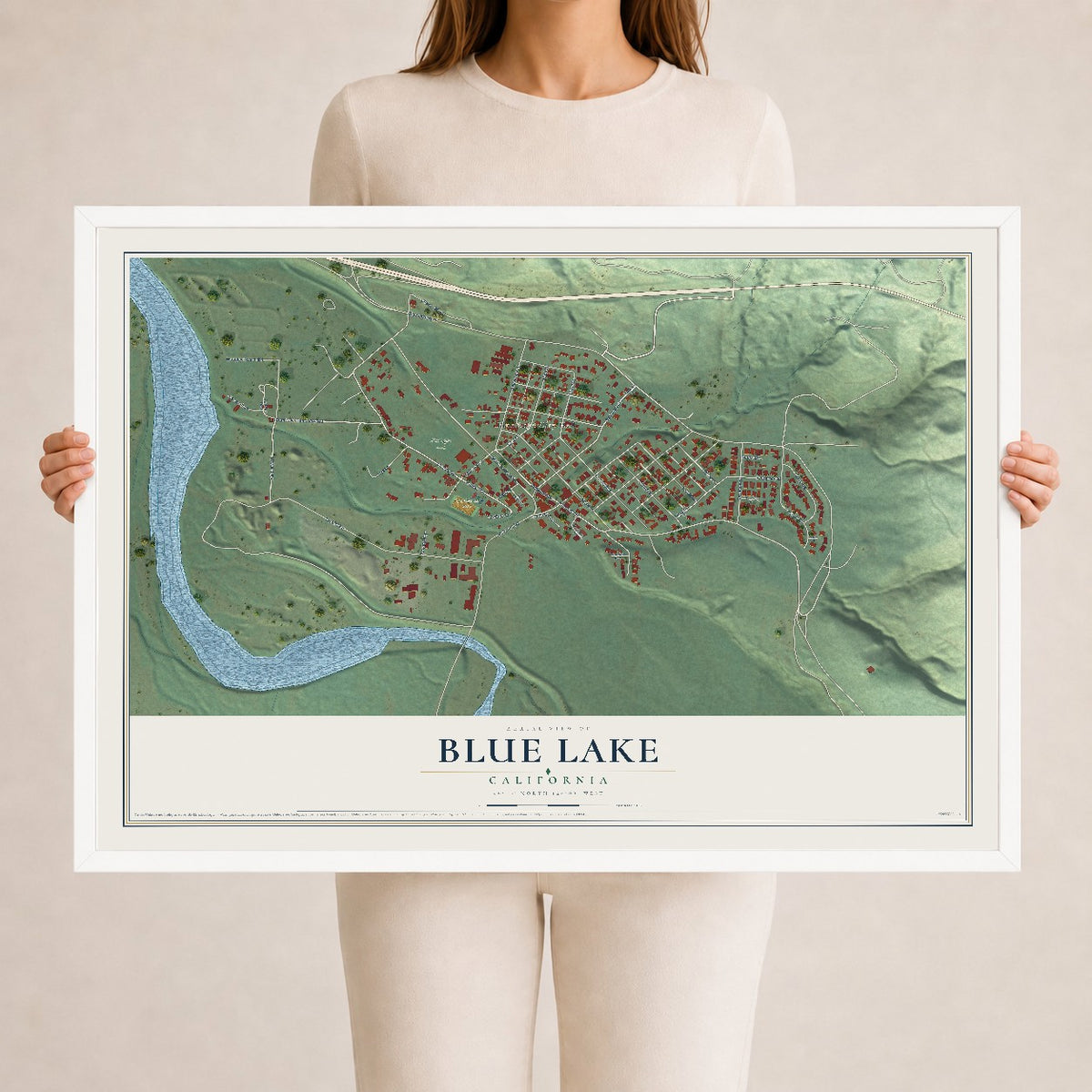 Map of Blue Lake, California, 24 x 36 inch print in a white wood frame