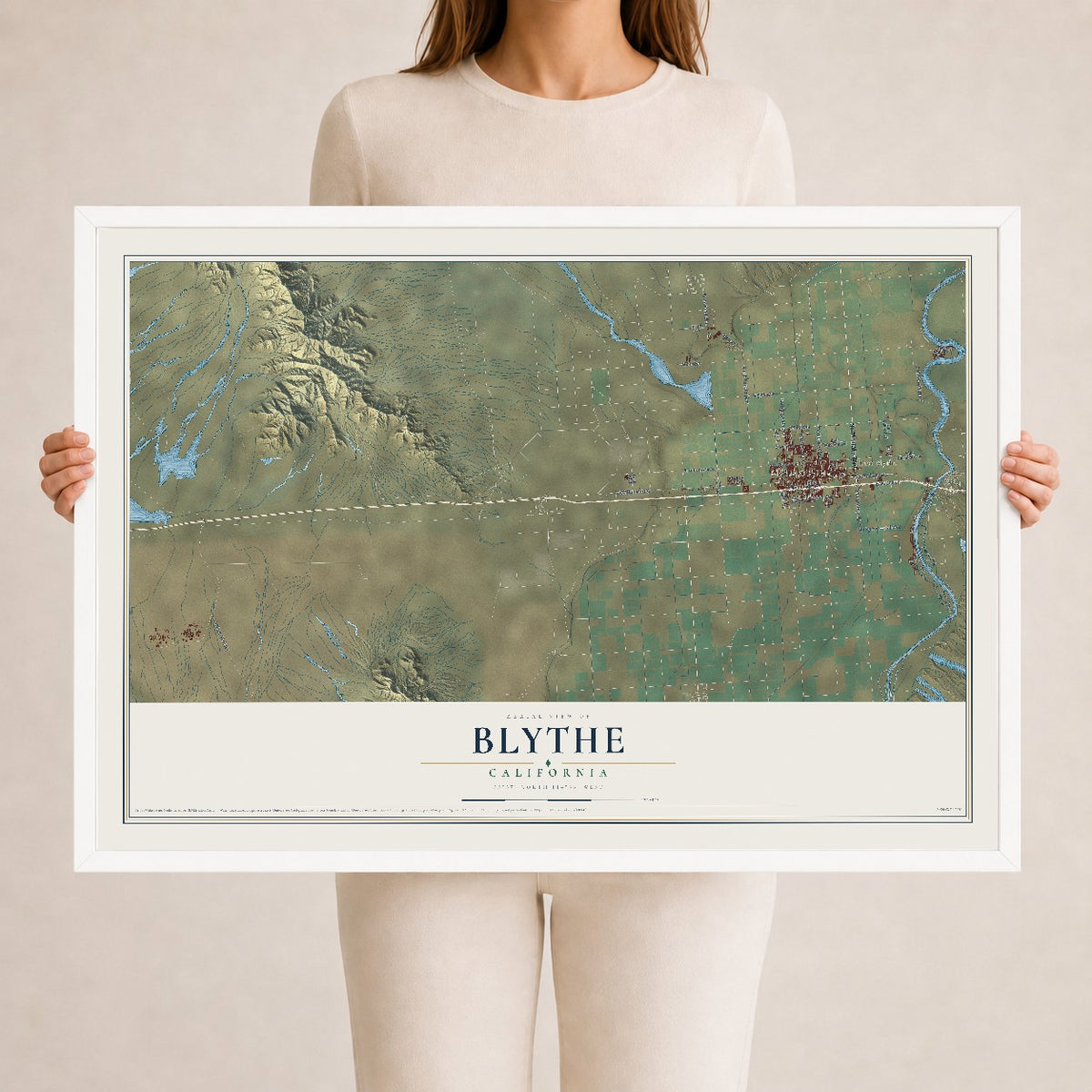Map of Blythe, California, 24 x 36 inch print in a white wood frame