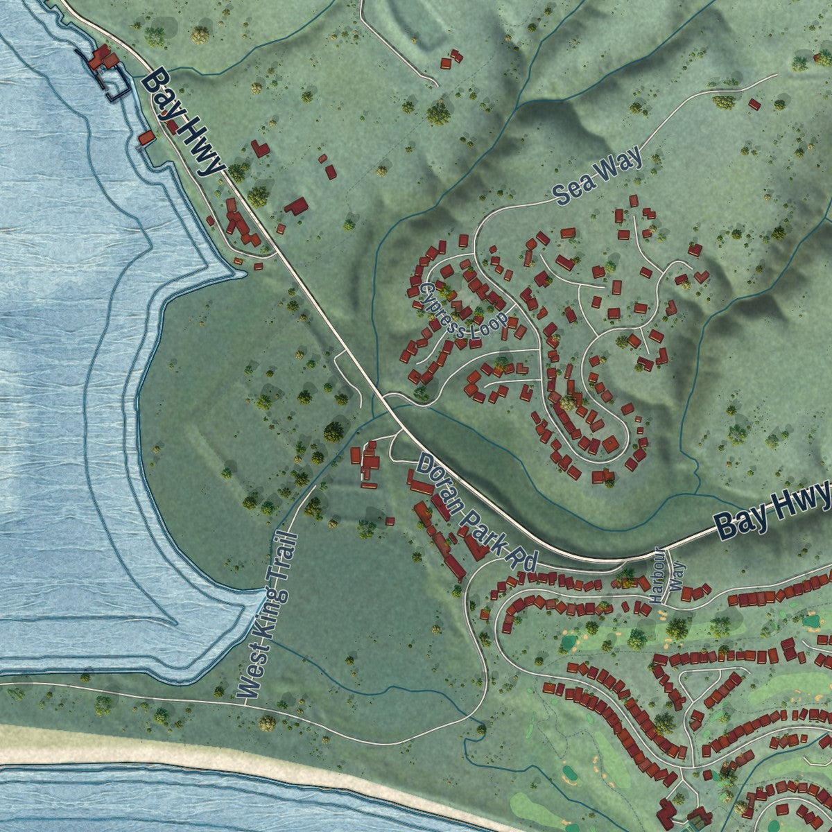 Close-up of the map of Bodega Bay, California print showing street and building detail