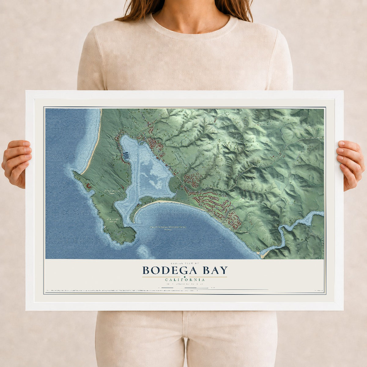 Map of Bodega Bay, California, 12 x 18 inch print in a white wood frame