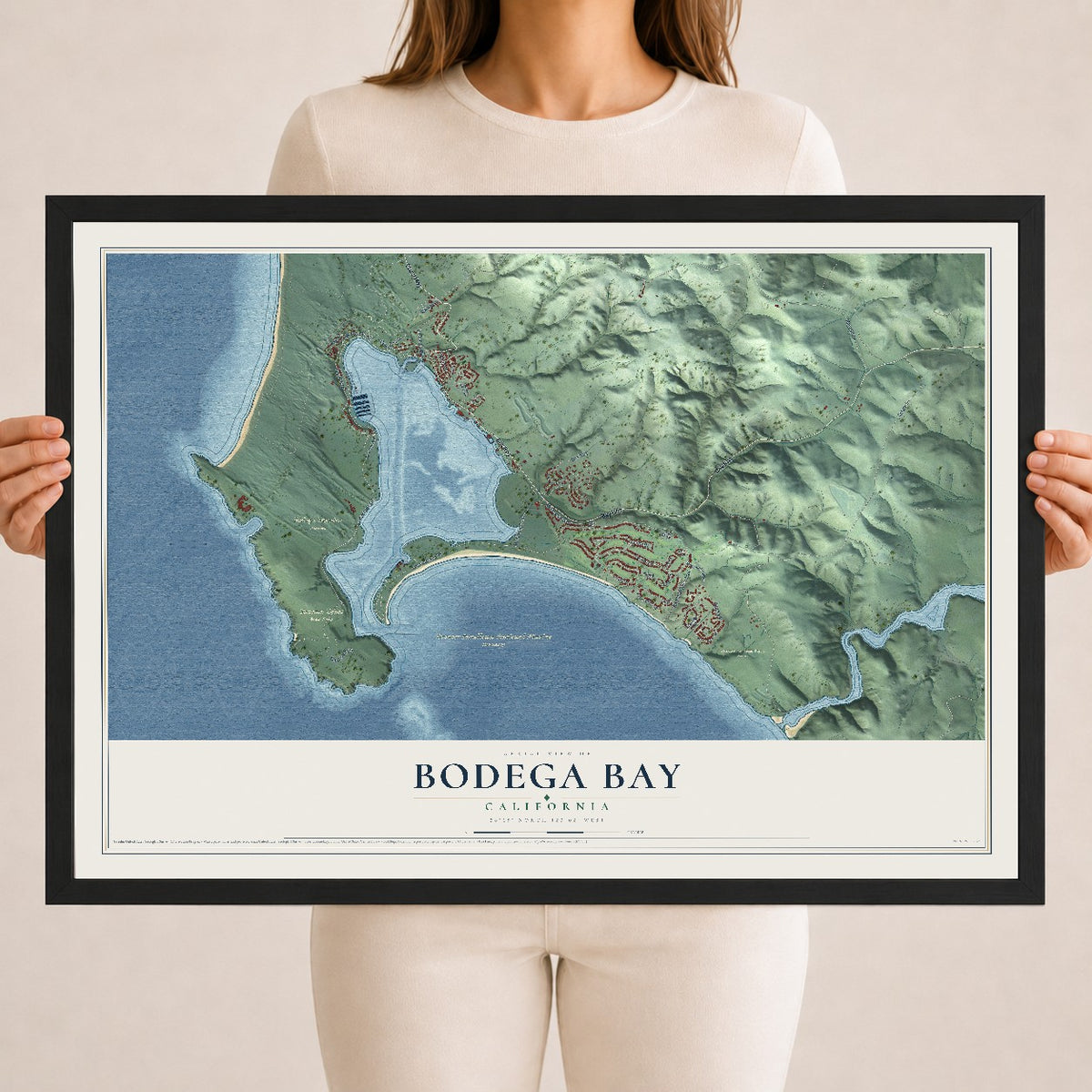 Map of Bodega Bay, California, 18 x 24 inch print in a black wood frame