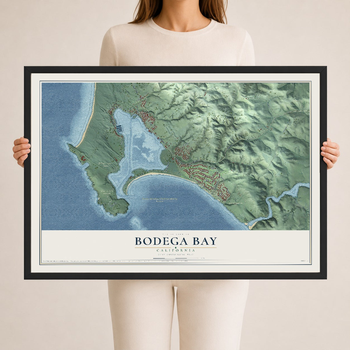 Map of Bodega Bay, California, 24 x 36 inch print in a black wood frame