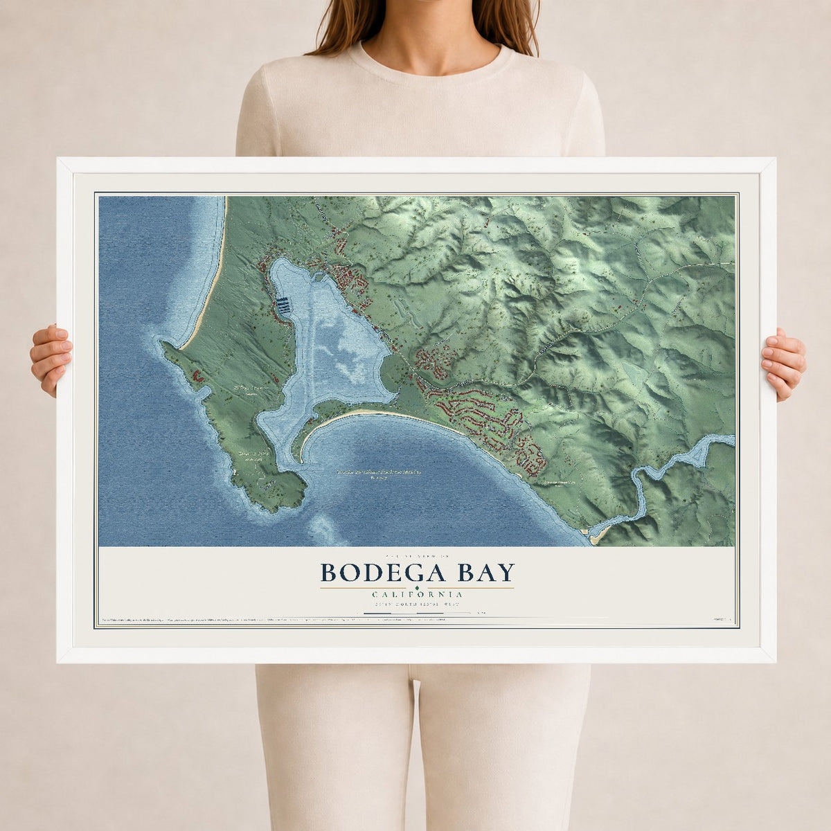 Map of Bodega Bay, California, 24 x 36 inch print in a white wood frame