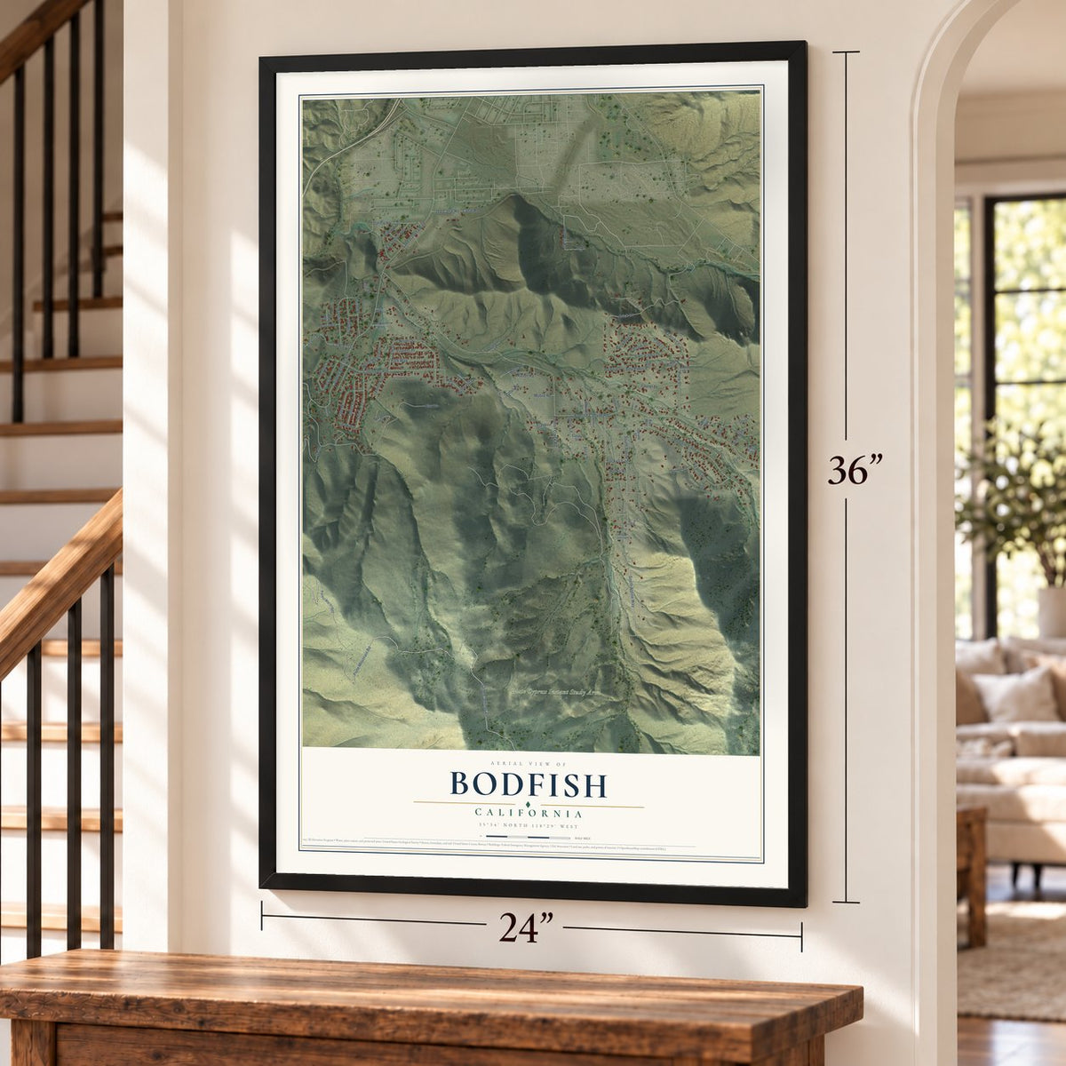 Bodfish, California map, 24 x 36 inch print in a black frame by a staircase