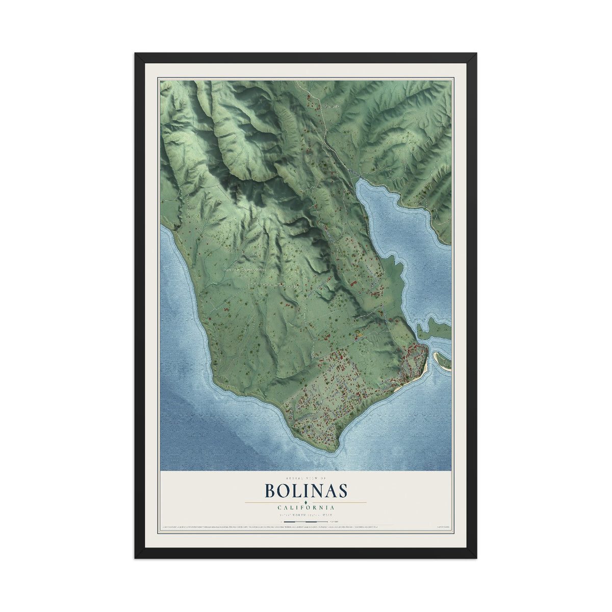 Map of Bolinas, California, 12 x 18 inch print in a black wood frame