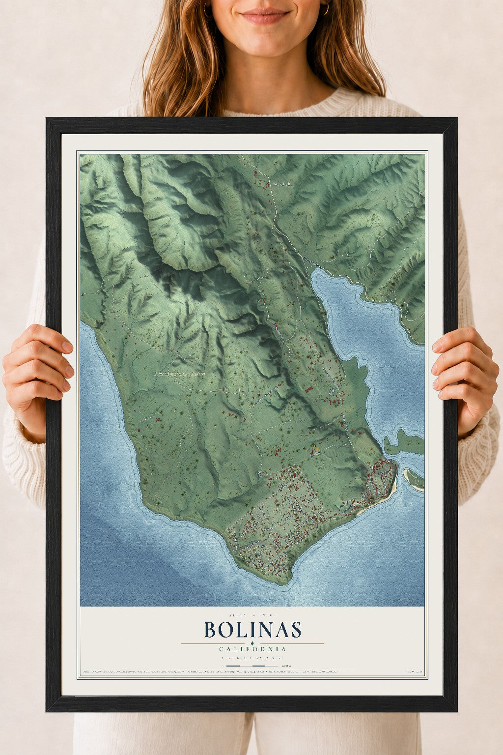 Map of Bolinas, California, 18 x 24 inch print in a black wood frame