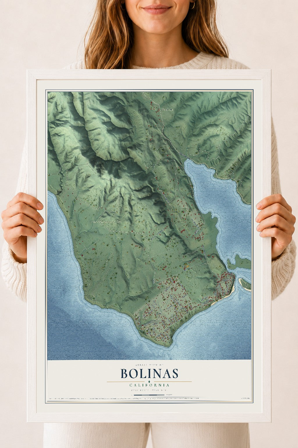 Map of Bolinas, California, 18 x 24 inch print in a white wood frame