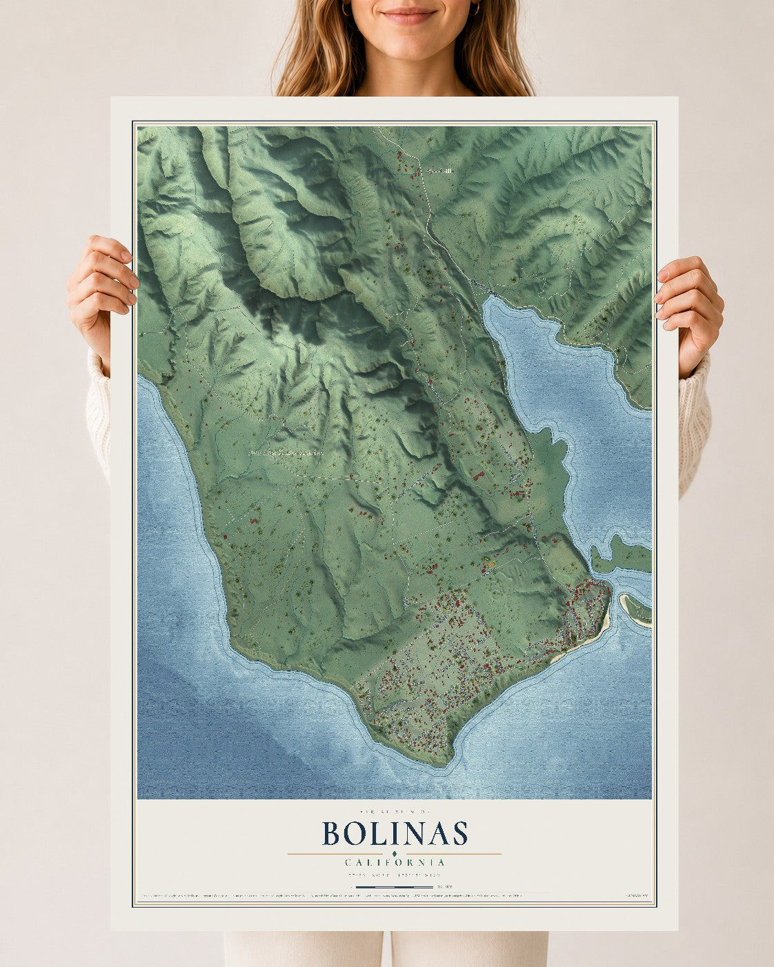 Map of Bolinas, California, 24 x 36 inch unframed archival matte print