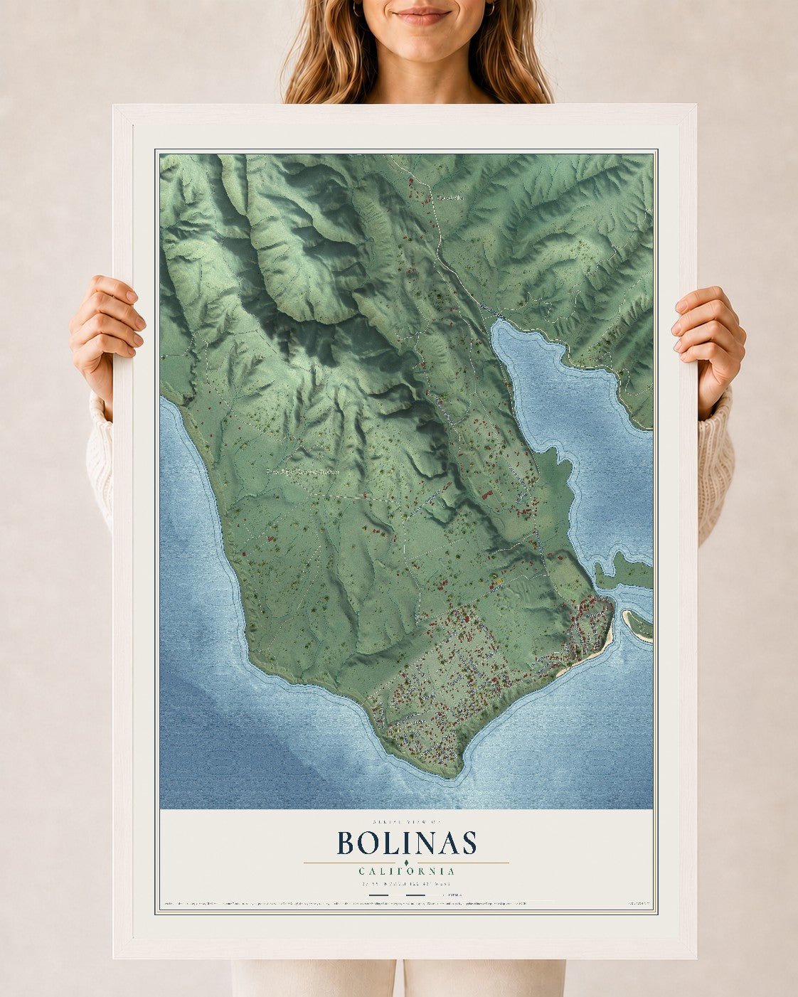 Map of Bolinas, California, 24 x 36 inch print in a white wood frame