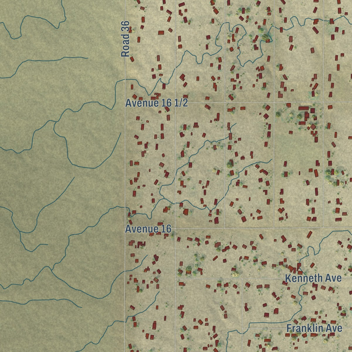 Second close-up of the map of Bonadelle Ranchos, California print showing more streets and buildings