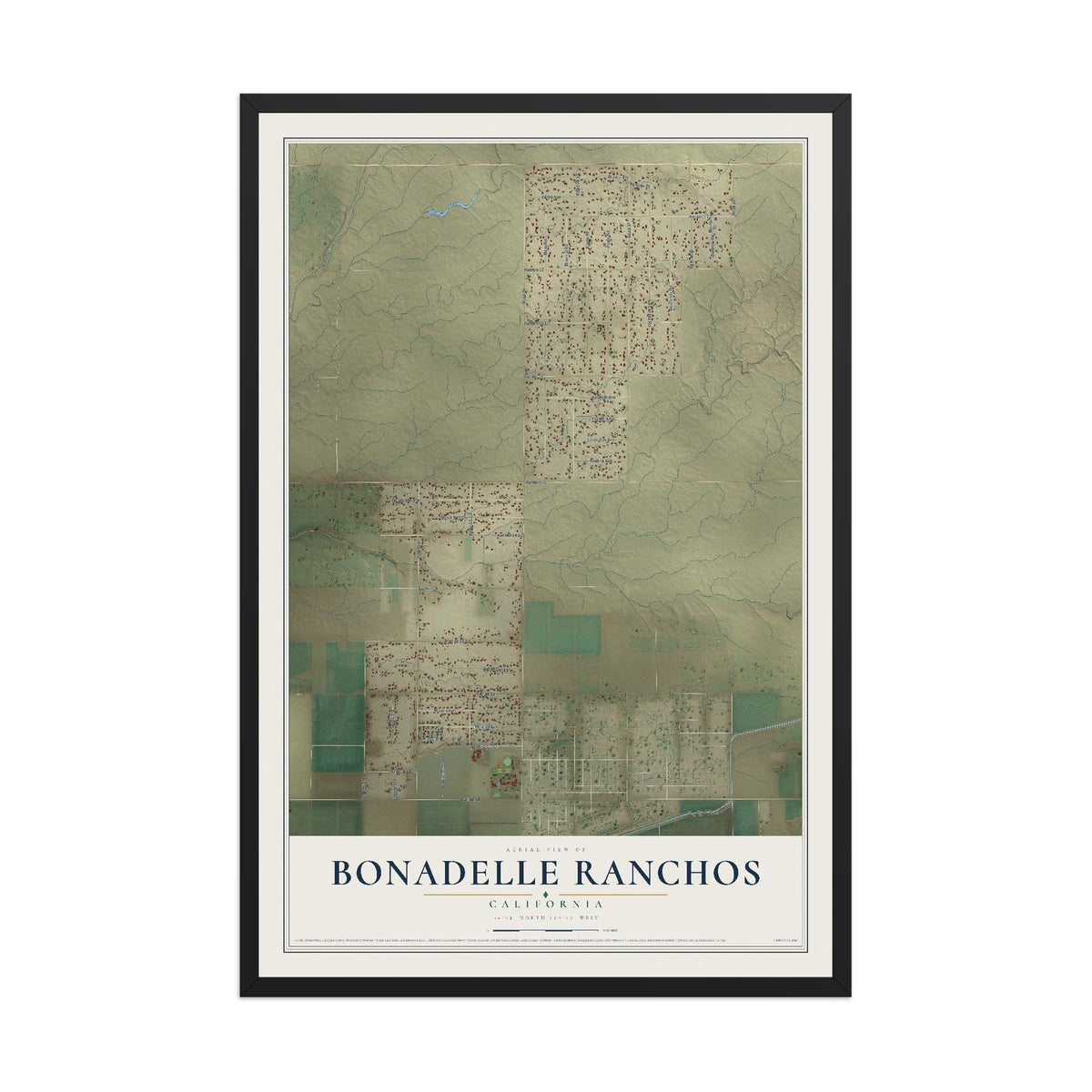 Map of Bonadelle Ranchos, California, 12 x 18 inch print in a black wood frame