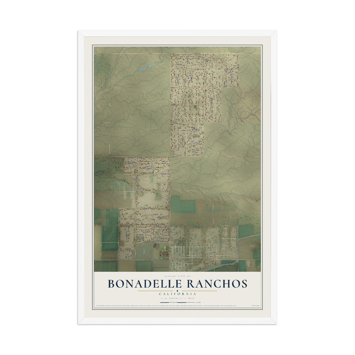 Map of Bonadelle Ranchos, California, 12 x 18 inch print in a white wood frame