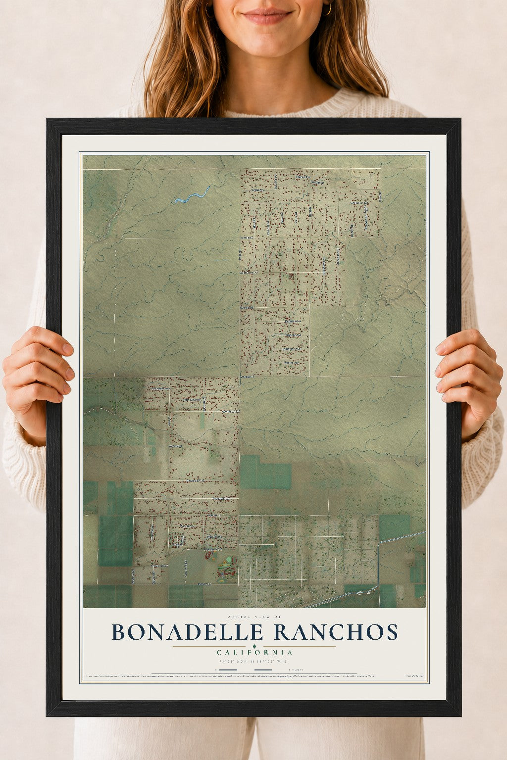 Map of Bonadelle Ranchos, California, 18 x 24 inch print in a black wood frame