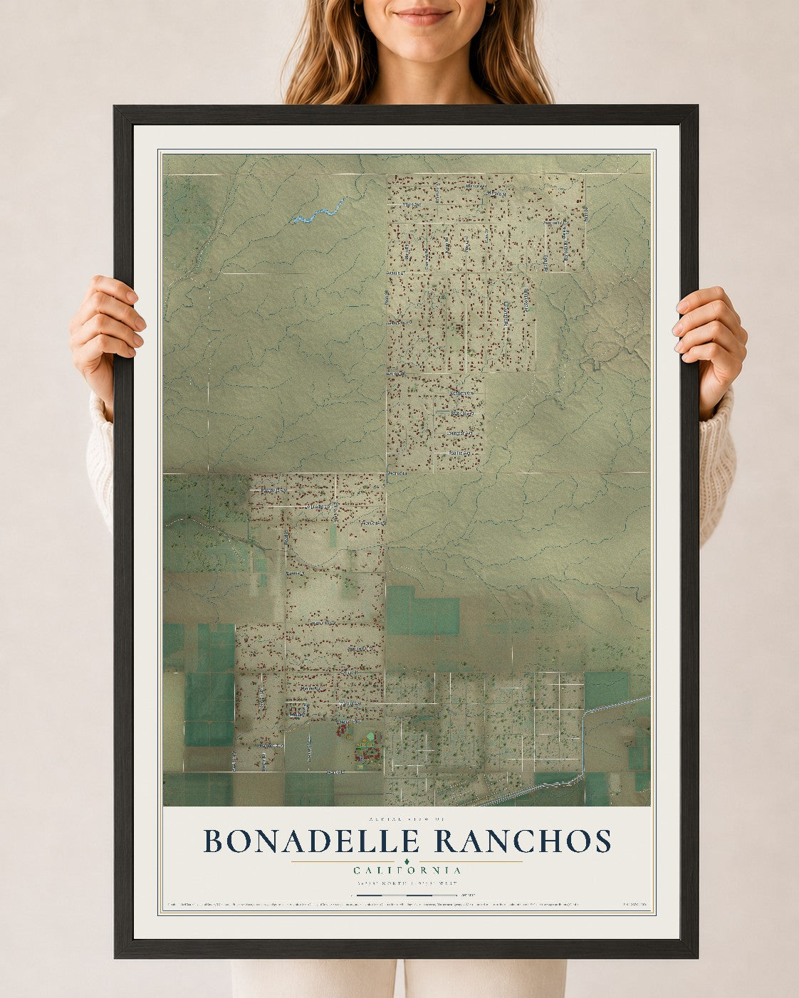 Map of Bonadelle Ranchos, California, 24 x 36 inch print in a black wood frame