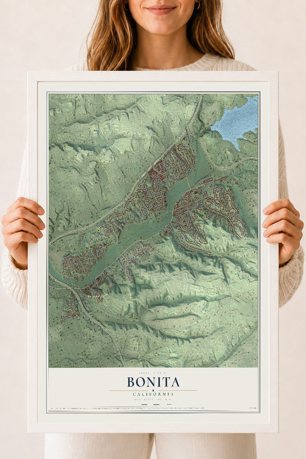 Map of Bonita, California, 18 x 24 inch print in a white wood frame