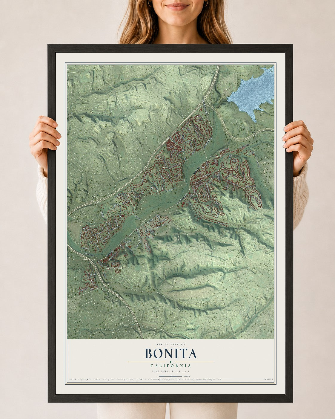 Map of Bonita, California, 24 x 36 inch print in a black wood frame