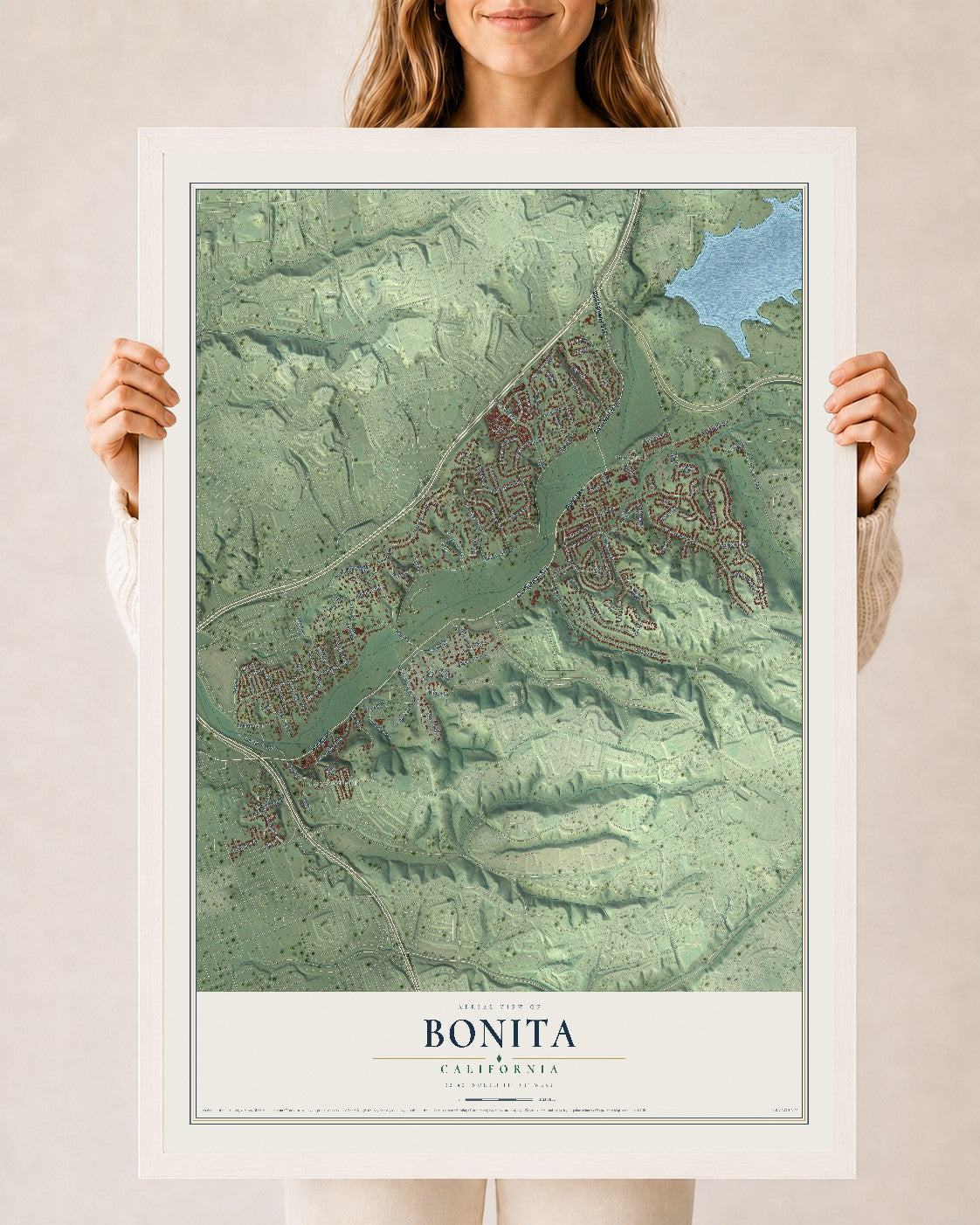 Map of Bonita, California, 24 x 36 inch print in a white wood frame