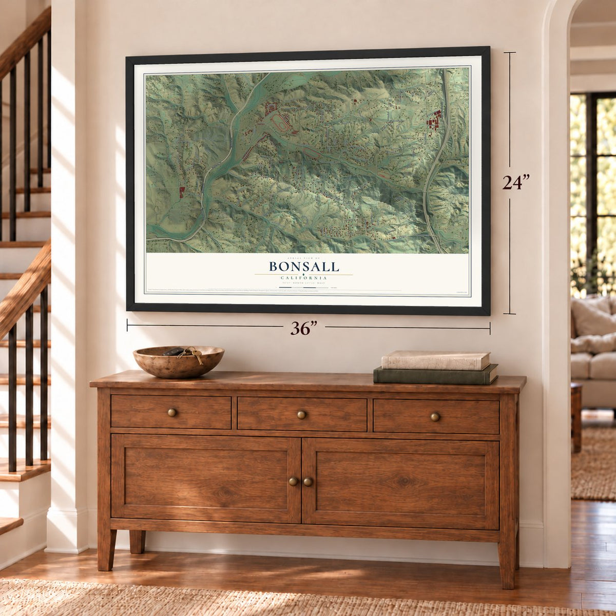 Bonsall, California map, 24 x 36 inch print in a black frame above a dresser by a staircase