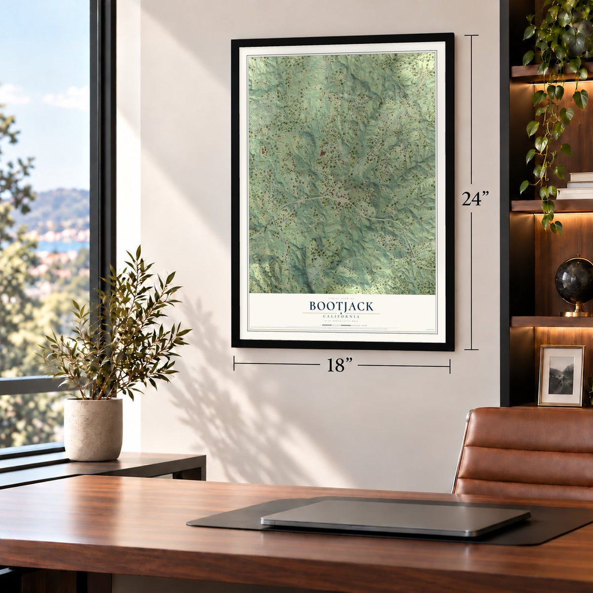 Bootjack, California map, 18 x 24 inch print in a black frame in a home office
