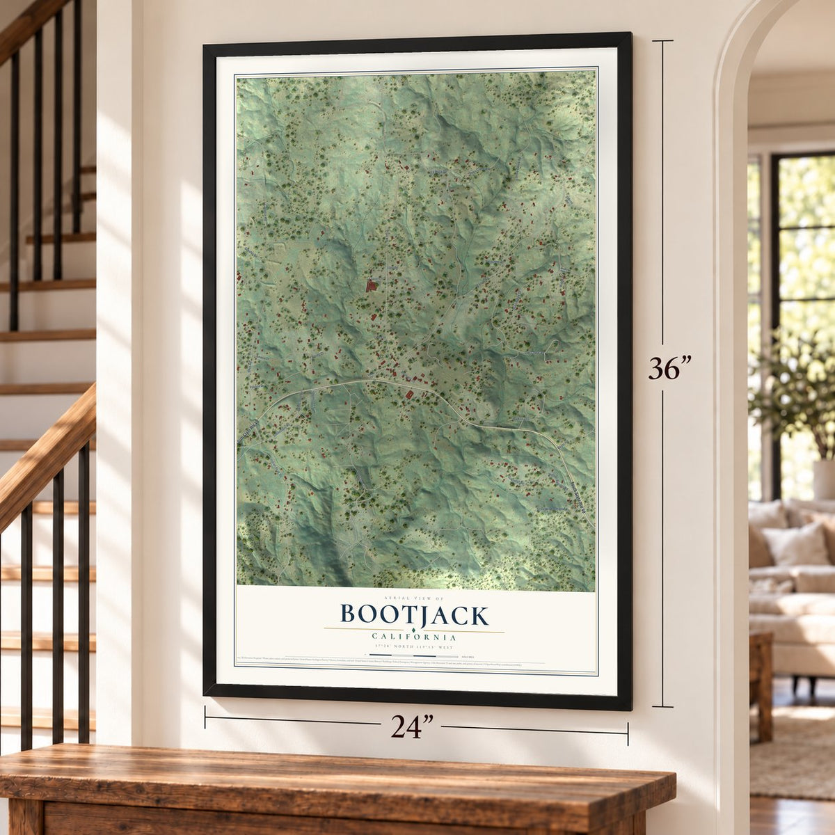 Bootjack, California map, 24 x 36 inch print in a black frame by a staircase