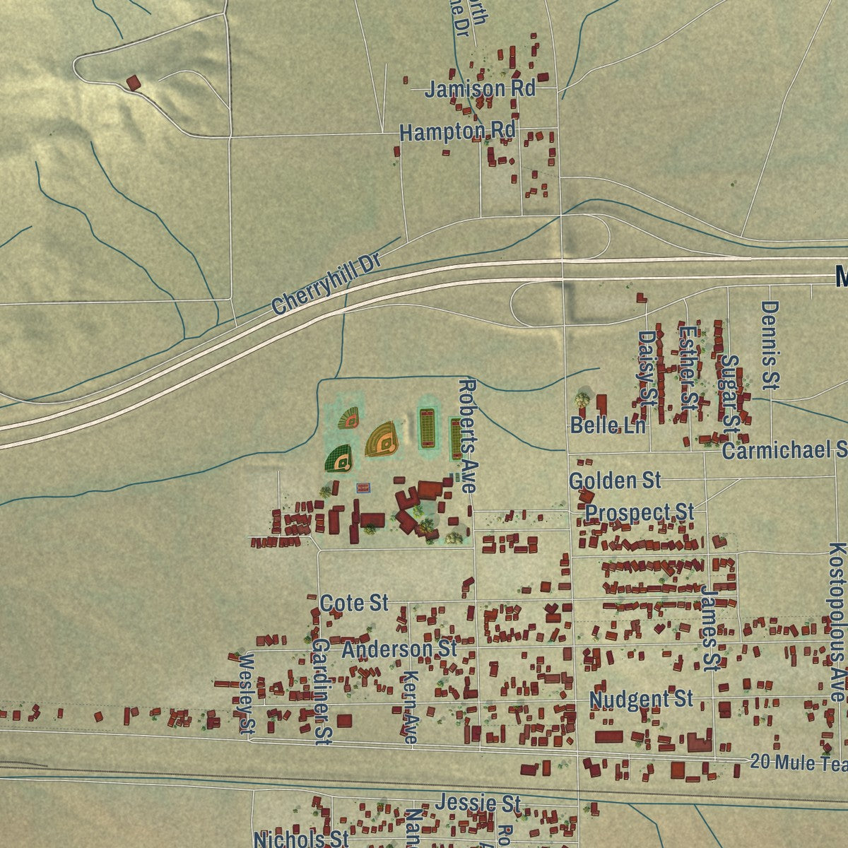 Close-up of the map of Boron, California print showing street and building detail