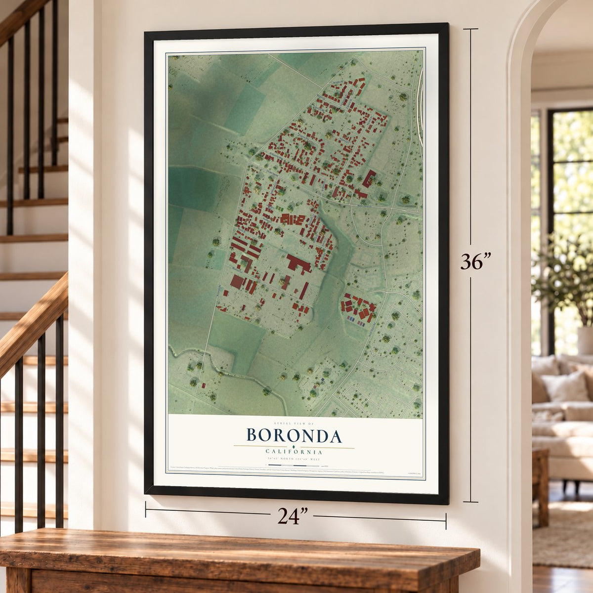 Boronda, California map, 24 x 36 inch print in a black frame by a staircase