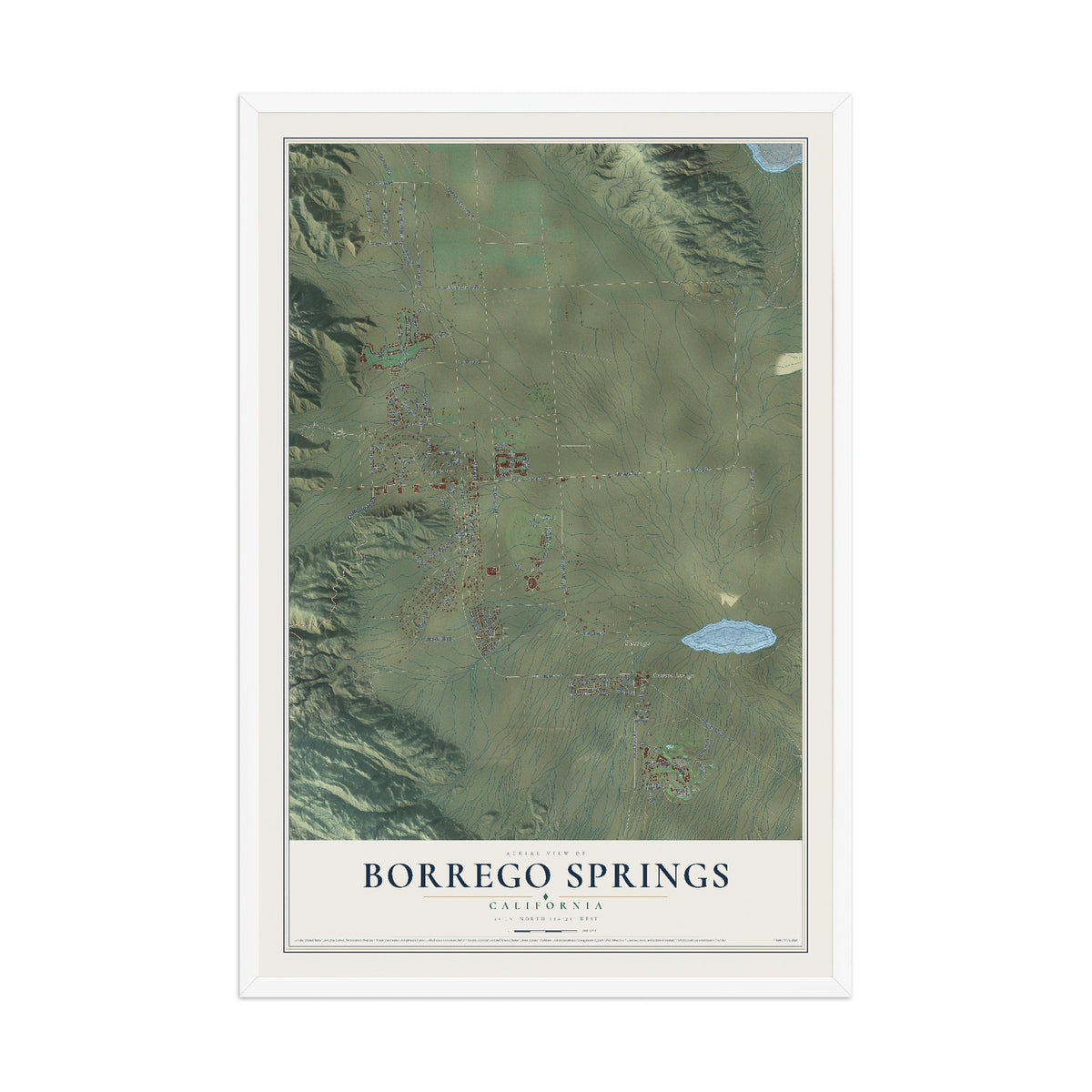 Map of Borrego Springs, California, 12 x 18 inch print in a white wood frame