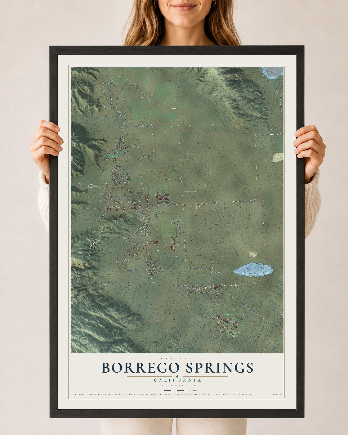 Map of Borrego Springs, California, 24 x 36 inch print in a black wood frame