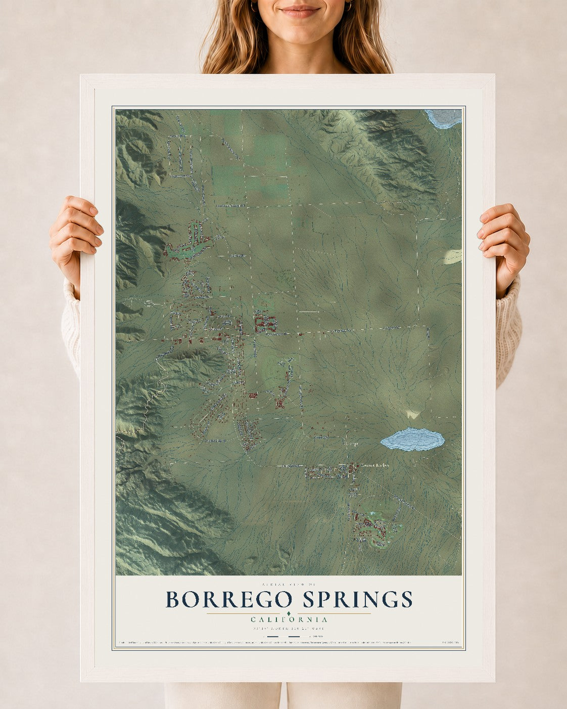 Map of Borrego Springs, California, 24 x 36 inch print in a white wood frame