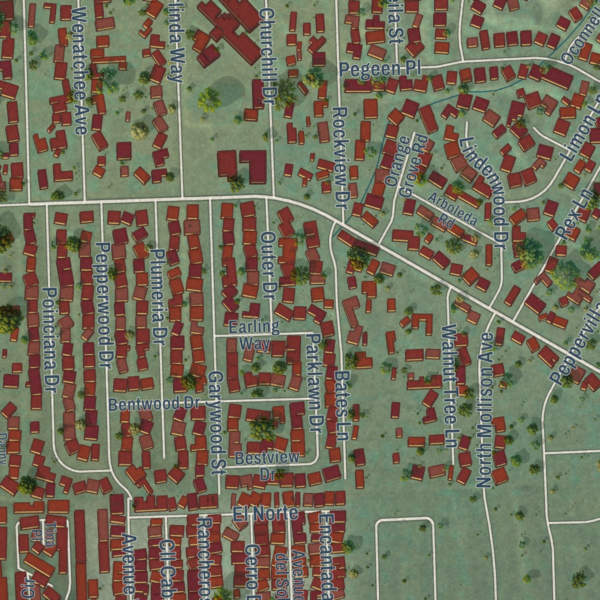 Close-up of the map of Bostonia, California print showing street and building detail