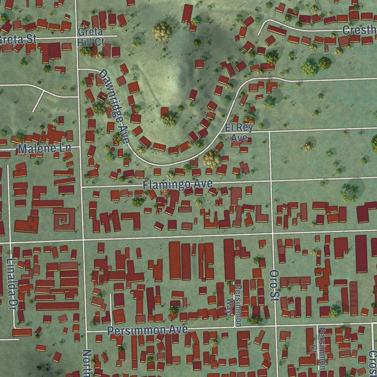 Second close-up of the map of Bostonia, California print showing more streets and buildings