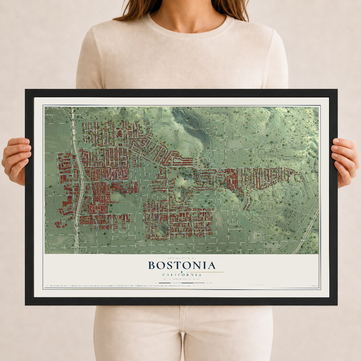 Map of Bostonia, California, 12 x 18 inch print in a black wood frame