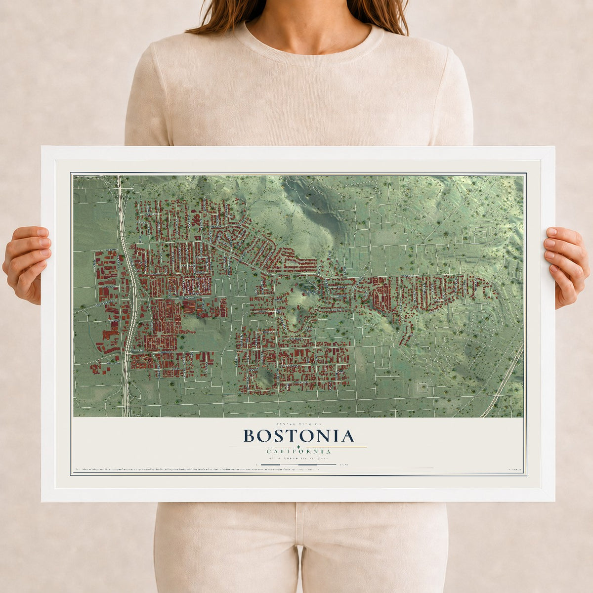 Map of Bostonia, California, 12 x 18 inch print in a white wood frame