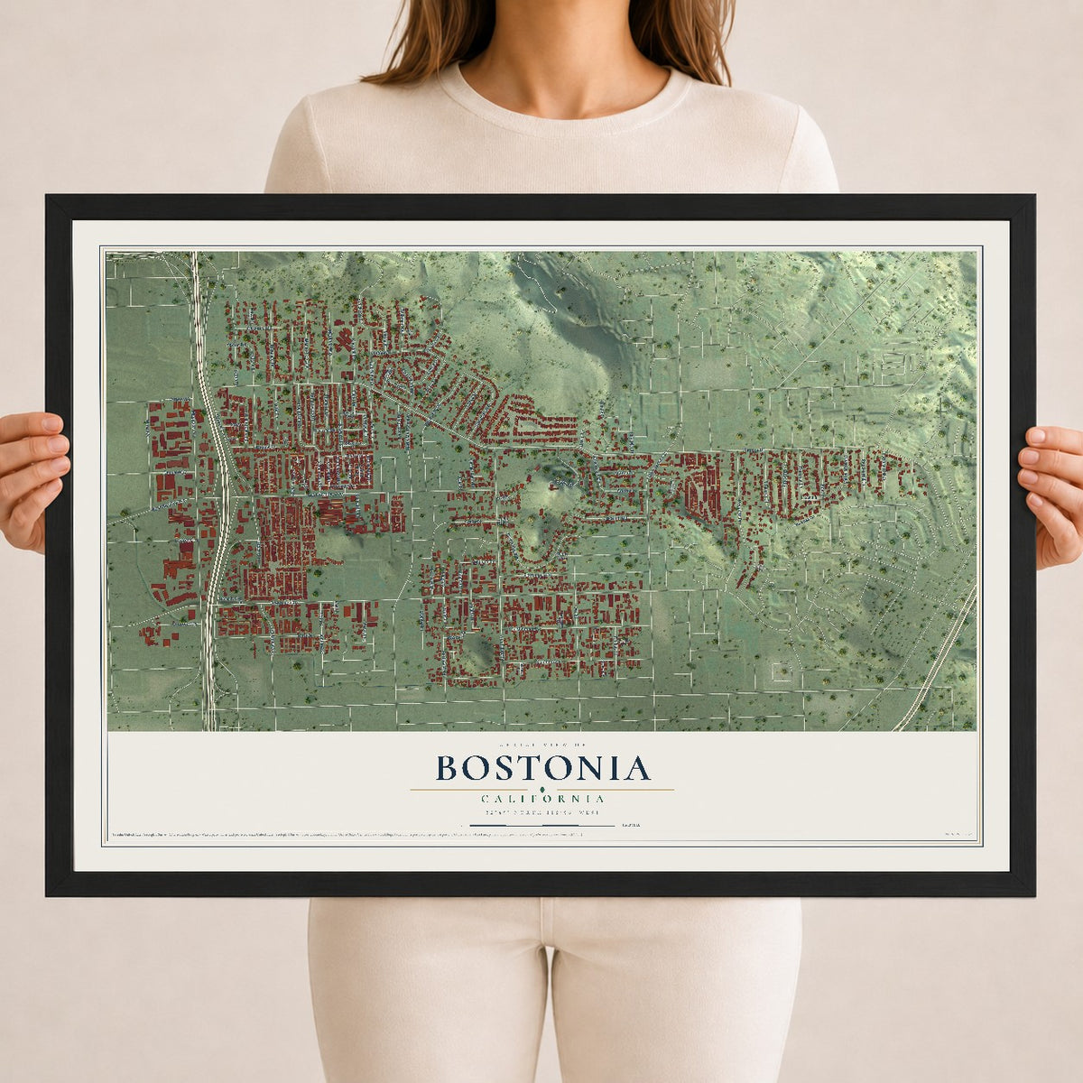 Map of Bostonia, California, 18 x 24 inch print in a black wood frame
