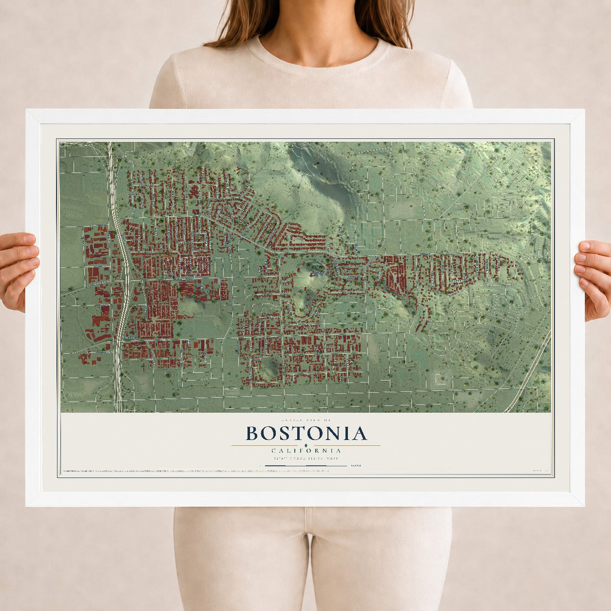Map of Bostonia, California, 18 x 24 inch print in a white wood frame