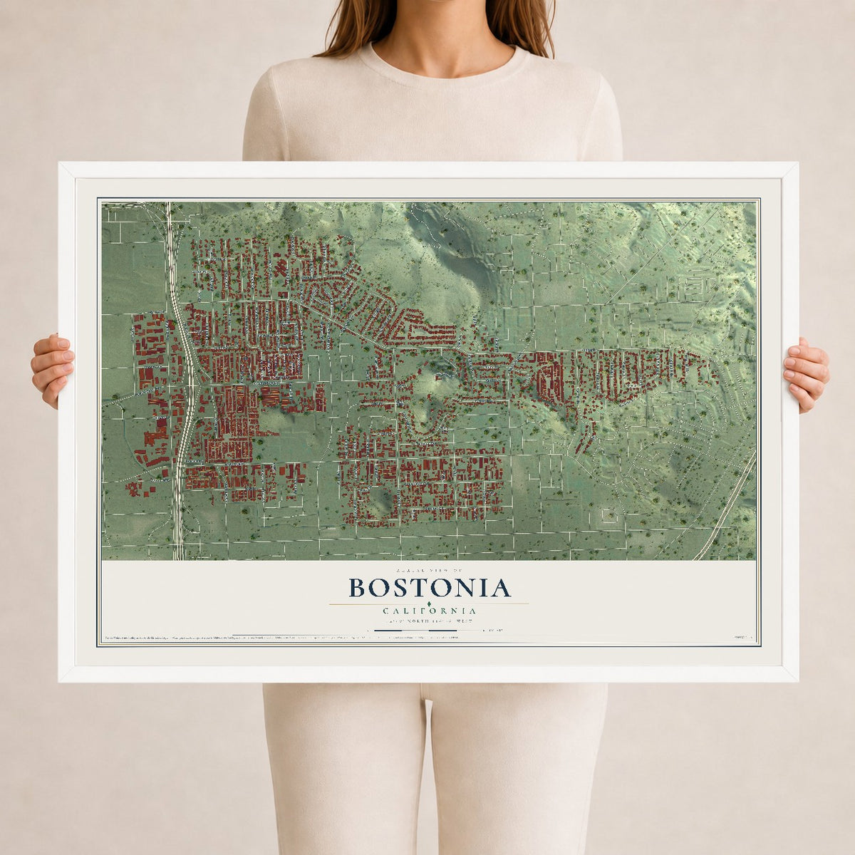 Map of Bostonia, California, 24 x 36 inch print in a white wood frame