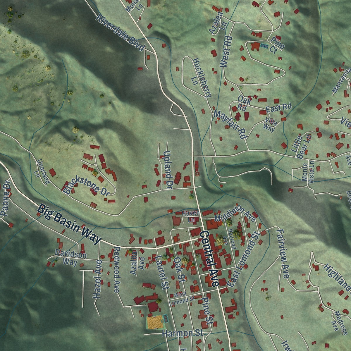 Close-up of the map of Boulder Creek, California print showing street and building detail