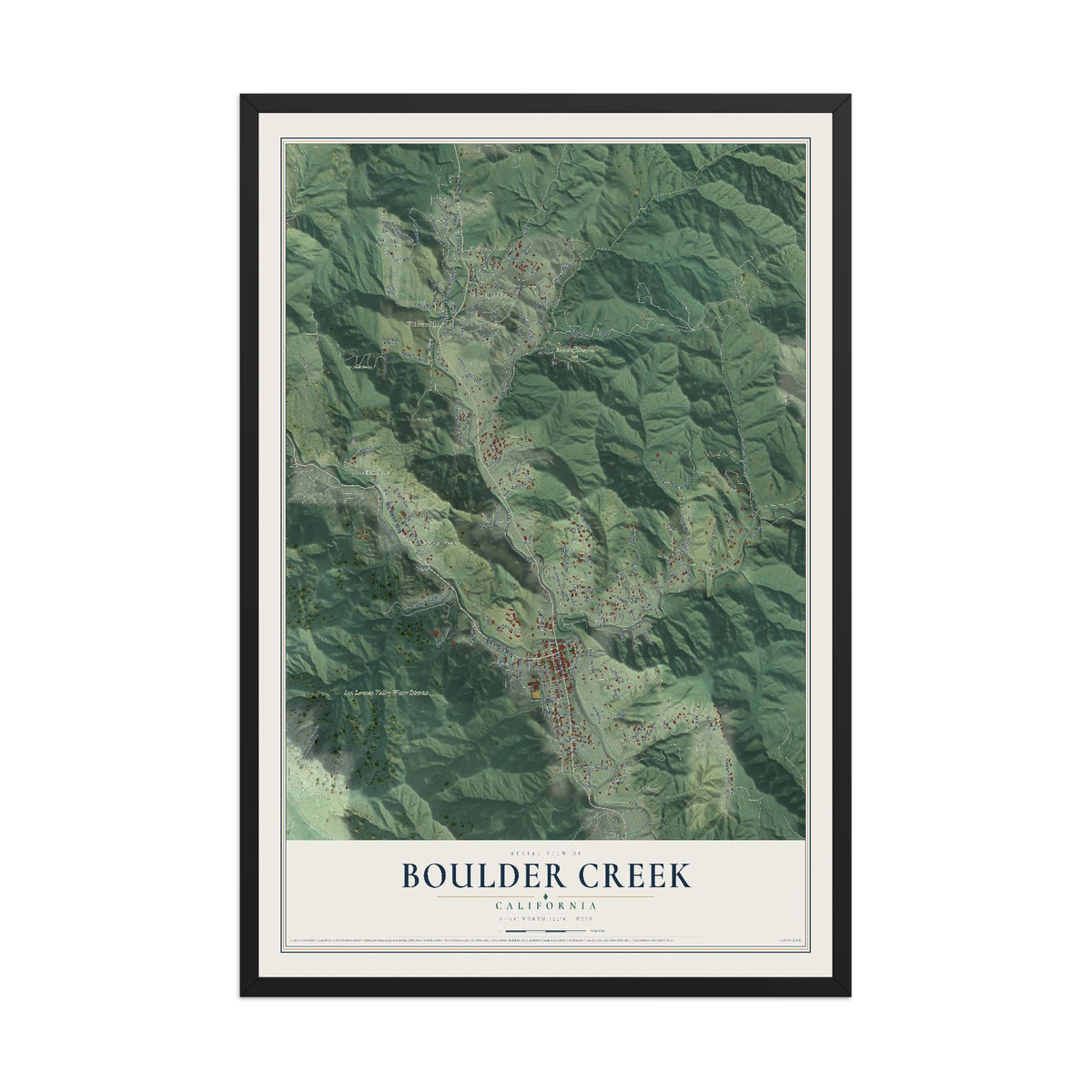 Map of Boulder Creek, California, 12 x 18 inch print in a black wood frame