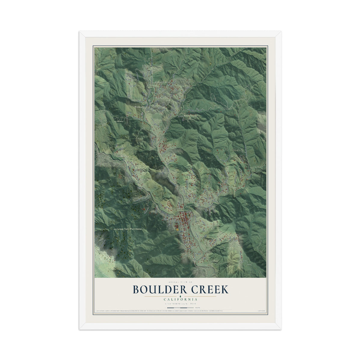 Map of Boulder Creek, California, 12 x 18 inch print in a white wood frame