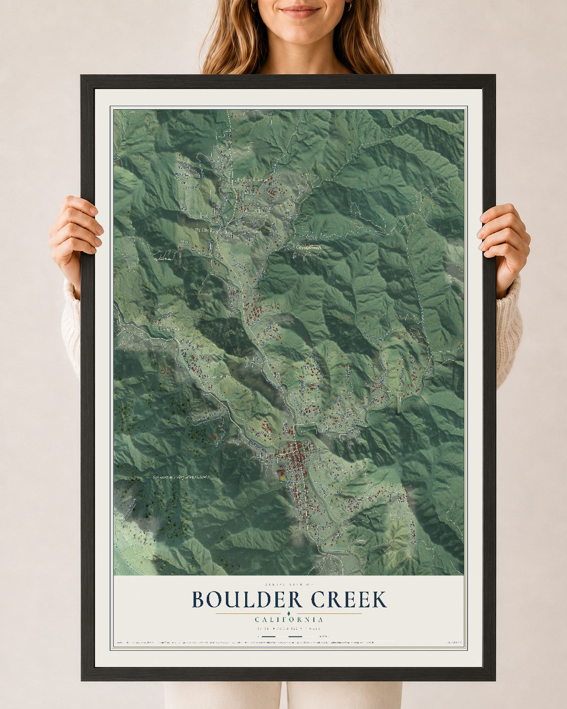 Map of Boulder Creek, California, 24 x 36 inch print in a black wood frame