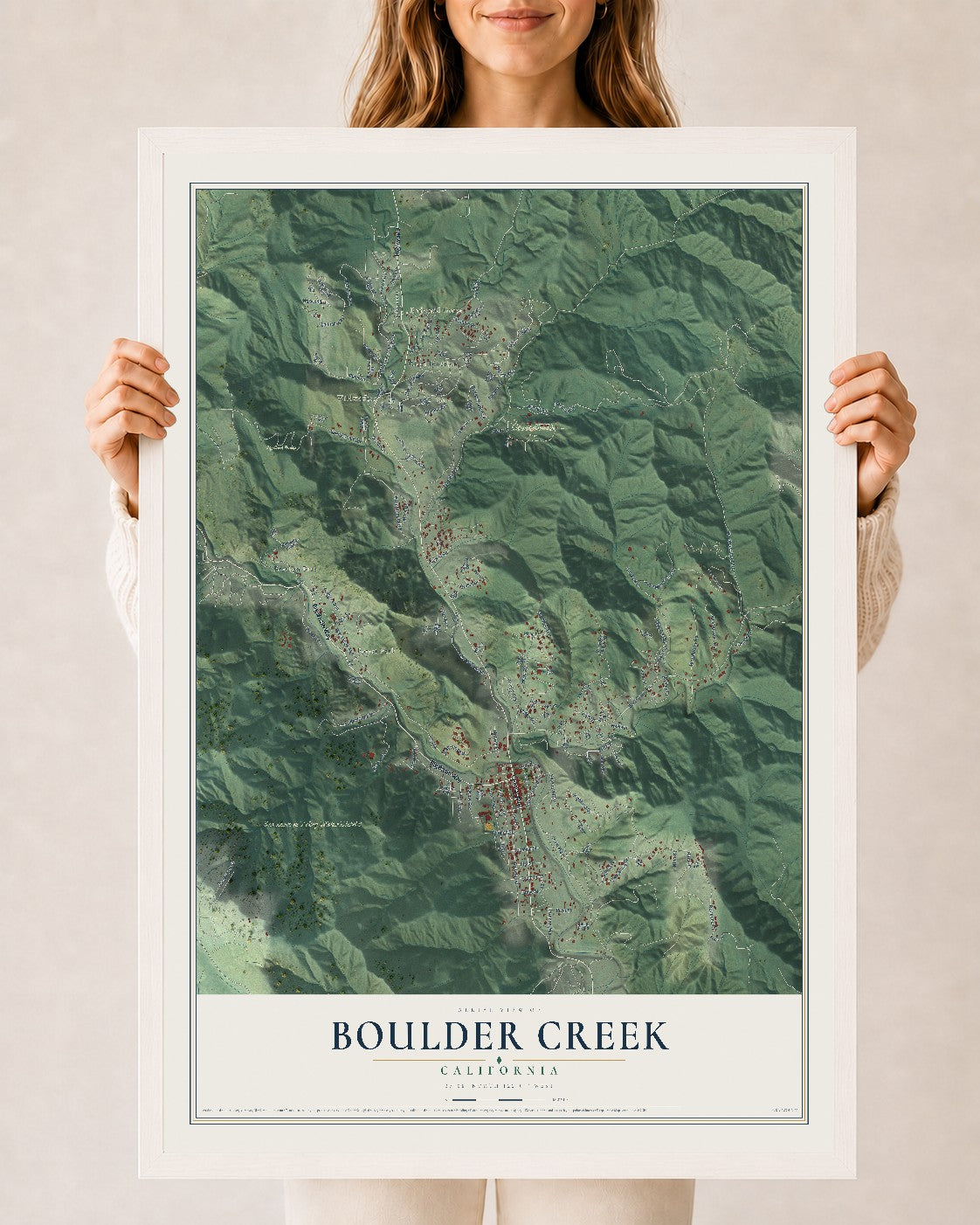 Map of Boulder Creek, California, 24 x 36 inch print in a white wood frame
