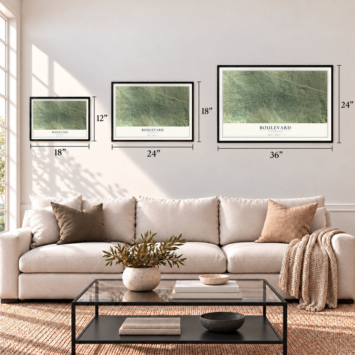 Boulevard, California map in 12 x 18, 18 x 24 and 24 x 36 inch sizes above a sofa
