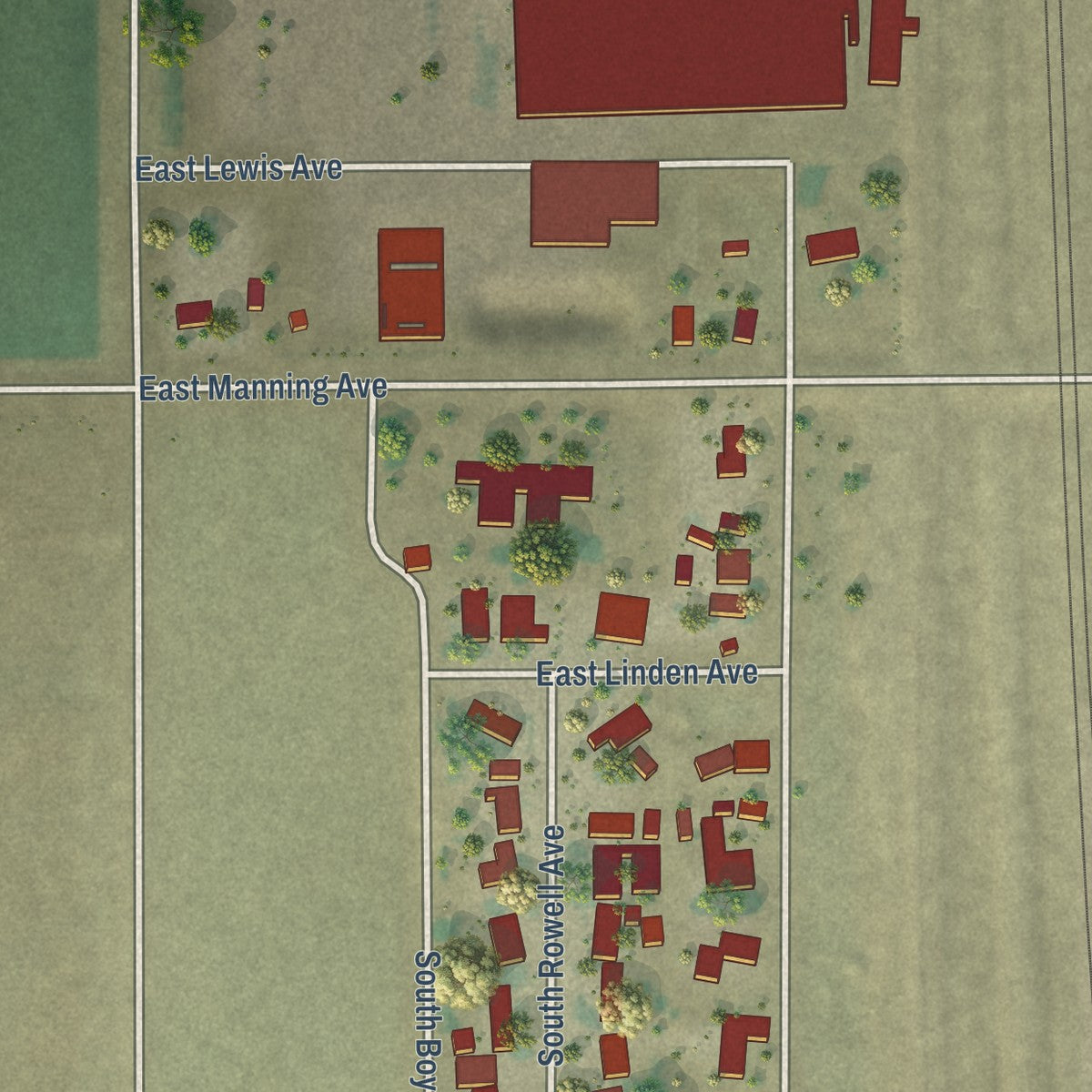 Close-up of the map of Bowles, California print showing street and building detail