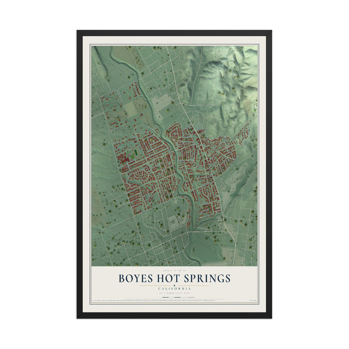 Map of Boyes Hot Springs, California, 12 x 18 inch print in a black wood frame
