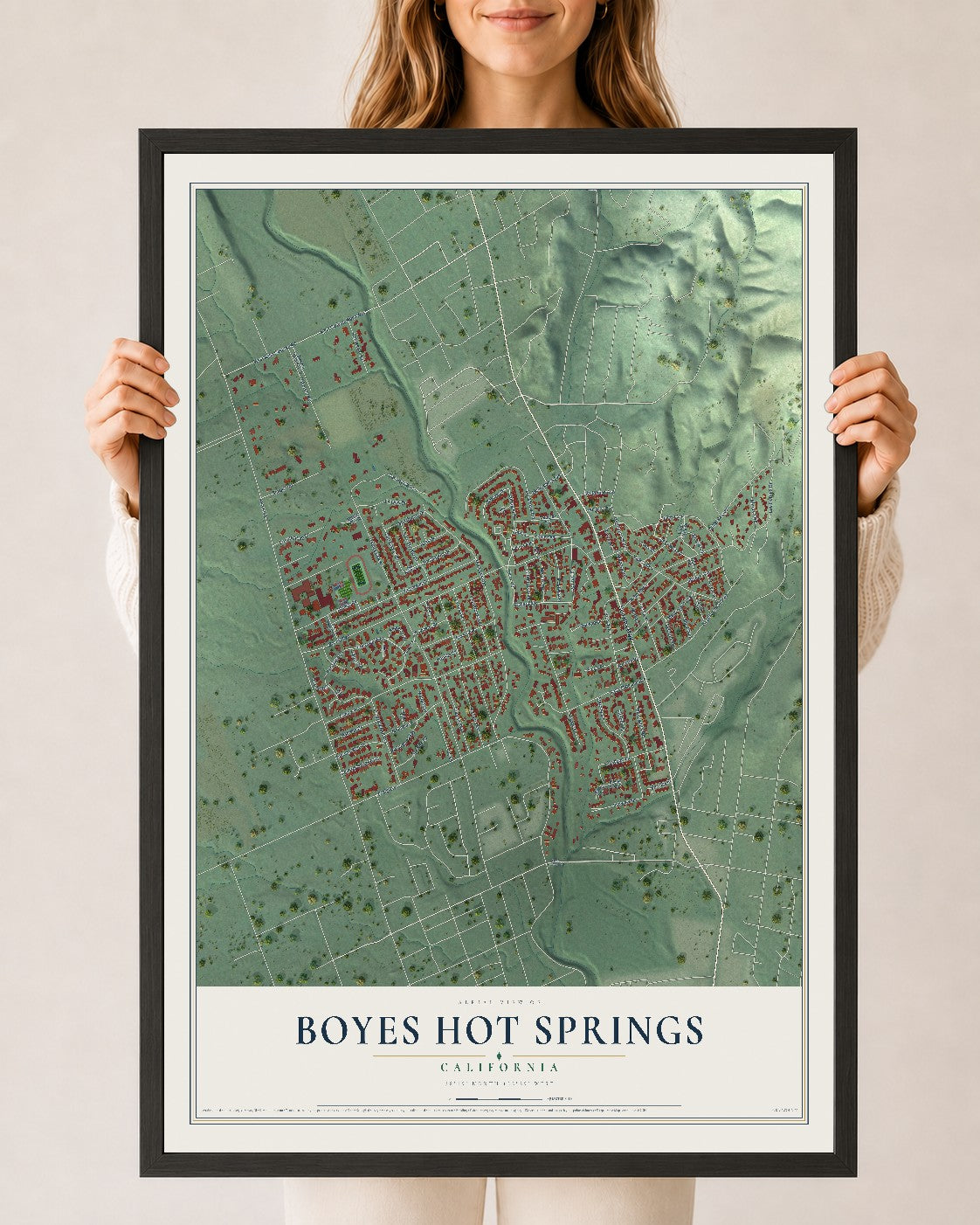 Map of Boyes Hot Springs, California, 24 x 36 inch print in a black wood frame