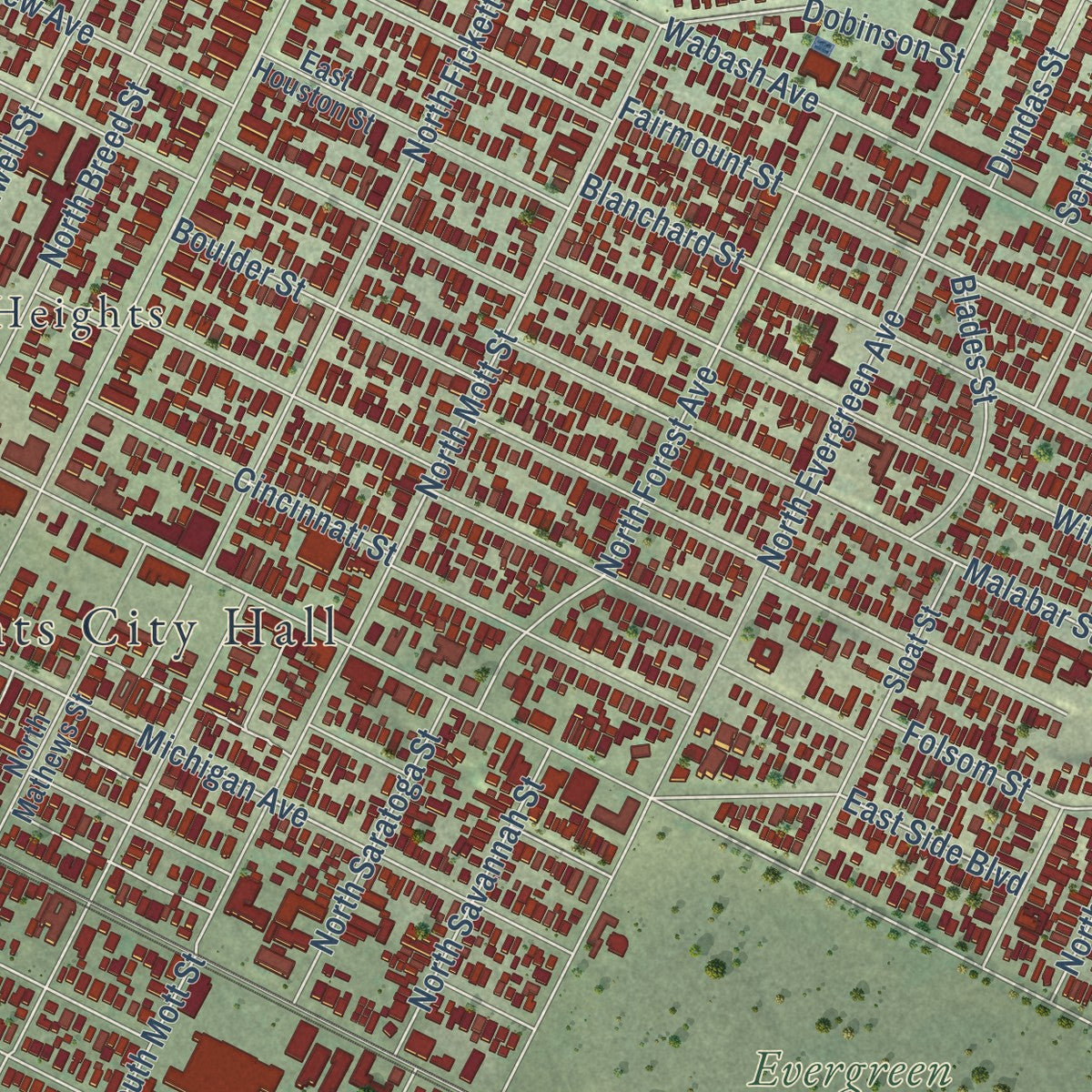 Close-up of the map of Boyle Heights, California print showing street and building detail