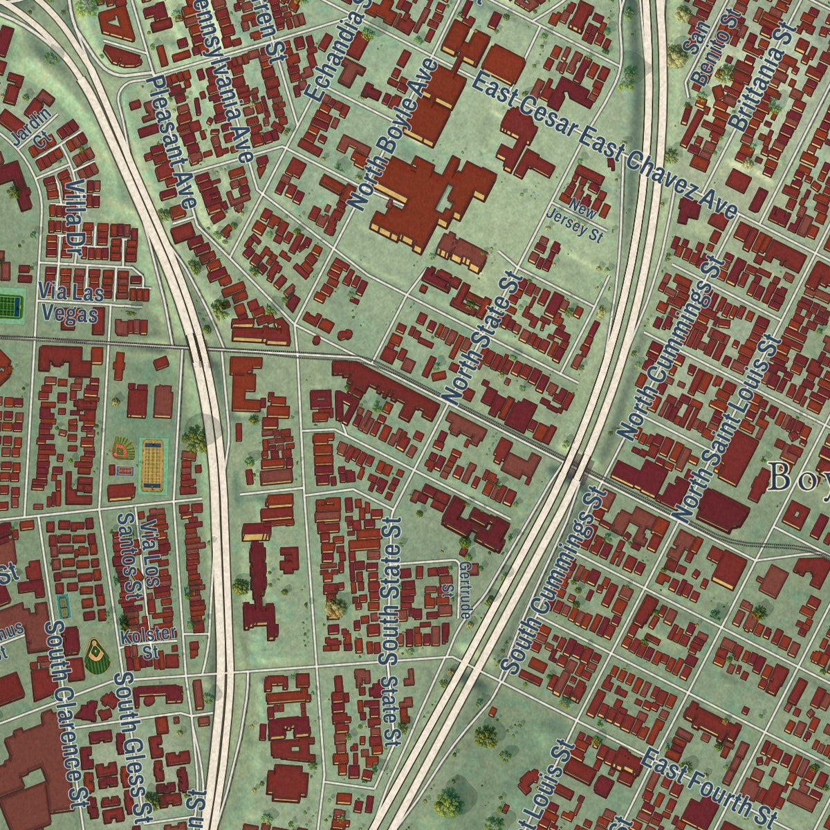 Second close-up of the map of Boyle Heights, California print showing more streets and buildings