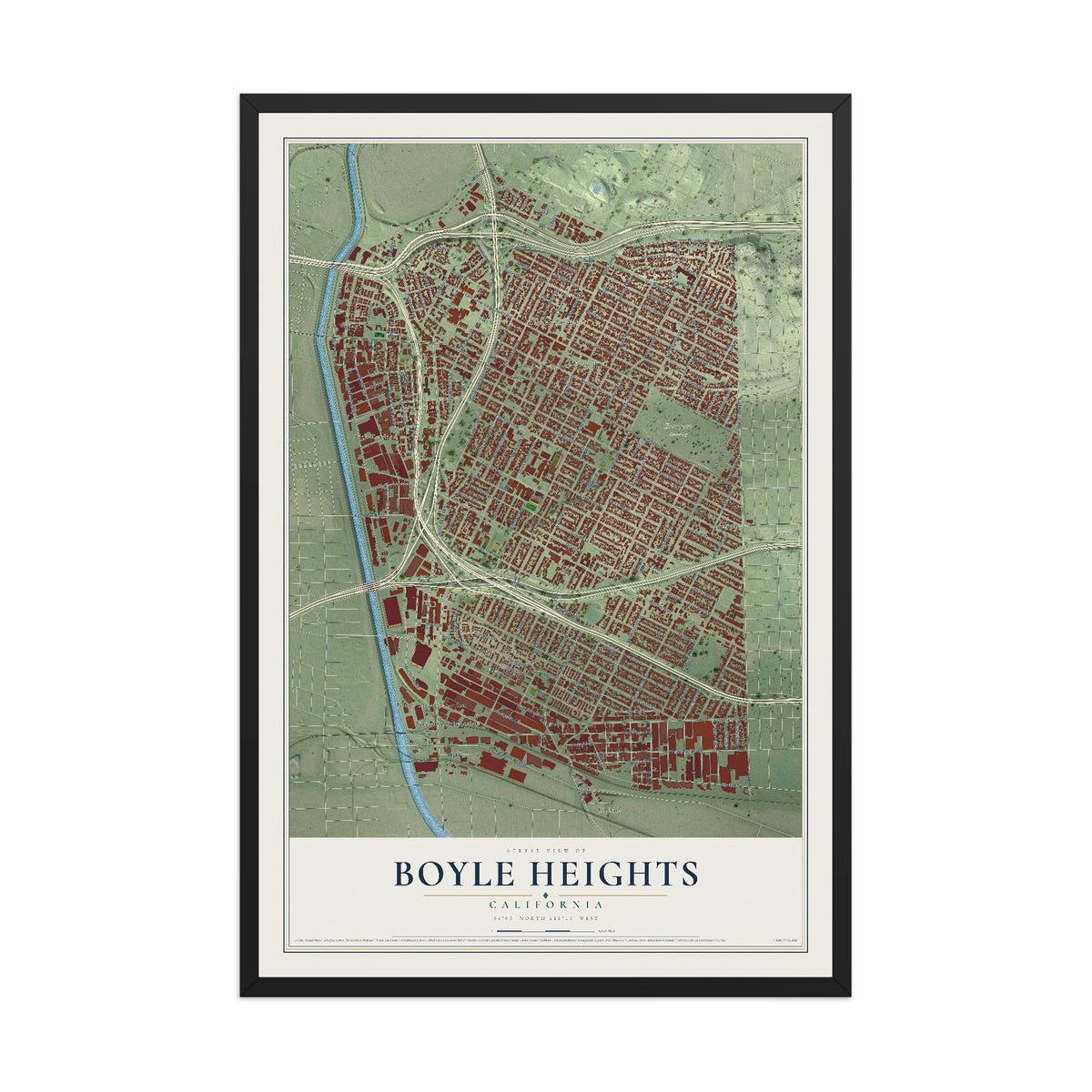 Map of Boyle Heights, California, 12 x 18 inch print in a black wood frame