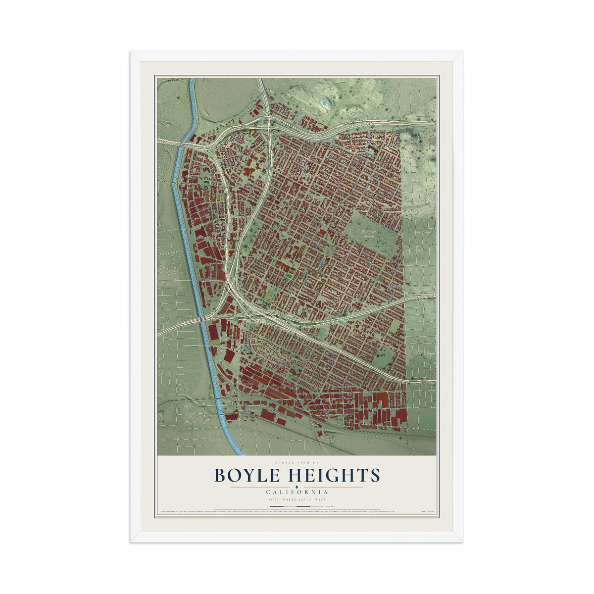 Map of Boyle Heights, California, 12 x 18 inch print in a white wood frame